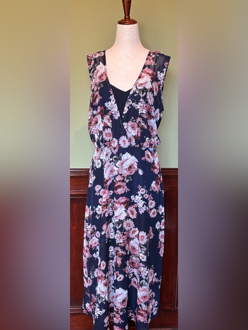 connected apparel Navy Midi Dress with Pink Floral Print